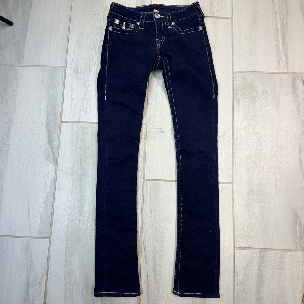 True Religion Slim Straight Jeans 25 Dark Body Rinse White Stitch WMCC100TS